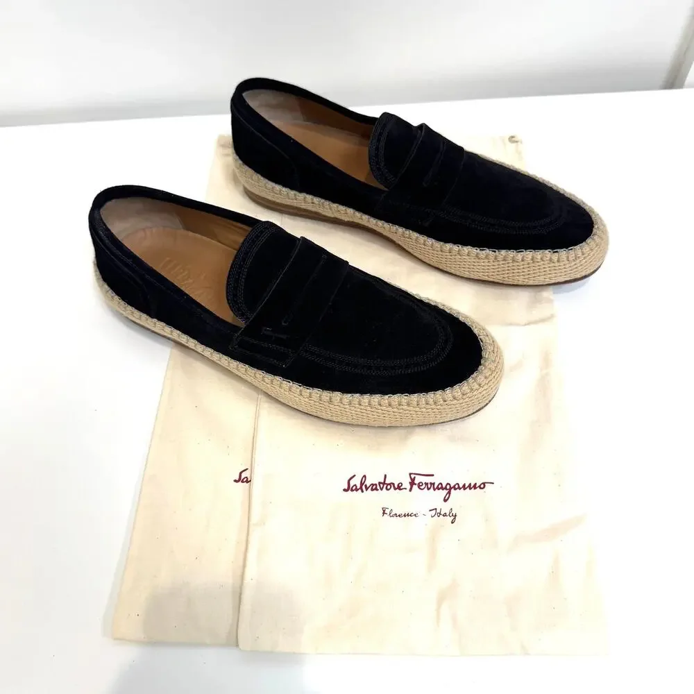 Salvatore Ferragamo Black Suede Espadrille Penny Loafer 10 Woven Leather Shoes